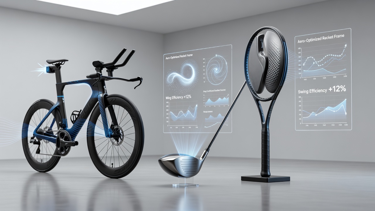 Cycling bike frame with teardrop tubing next to a golf driver head showing similar airflow contours