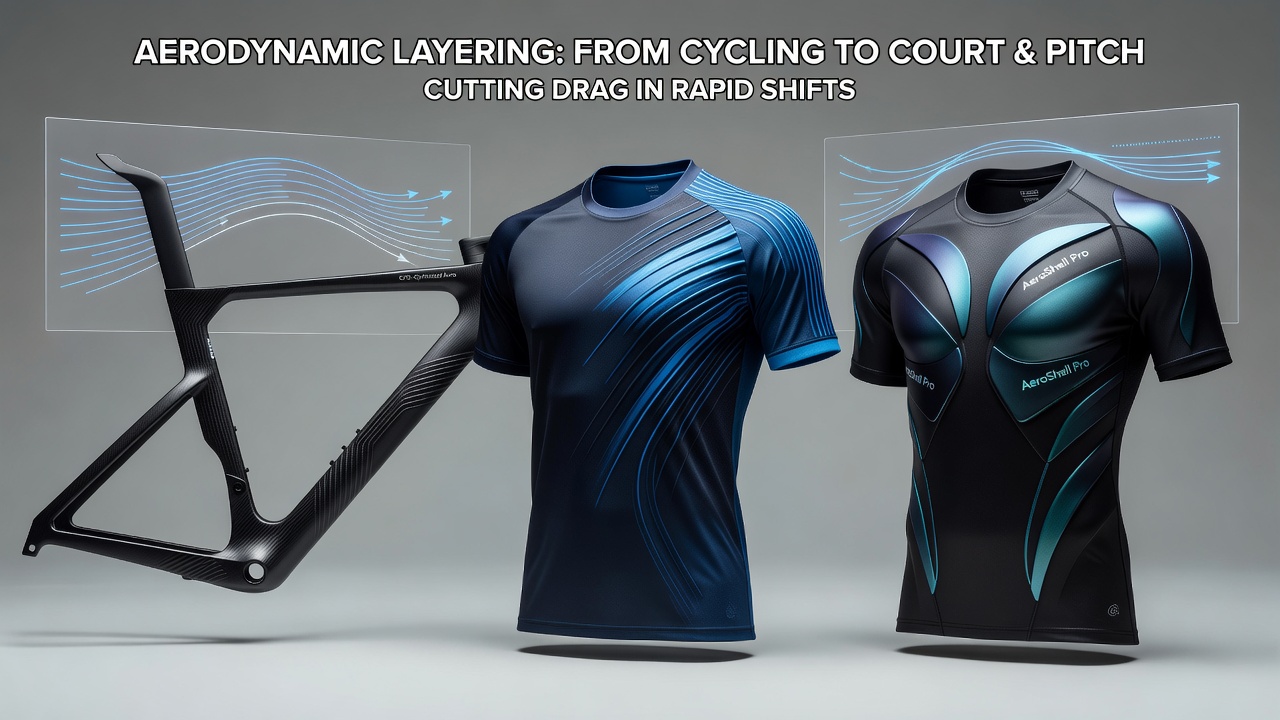 Close-up view of layered fabric panels on a soccer jersey mimicking cycling frame surface treatments for reduced air resistance