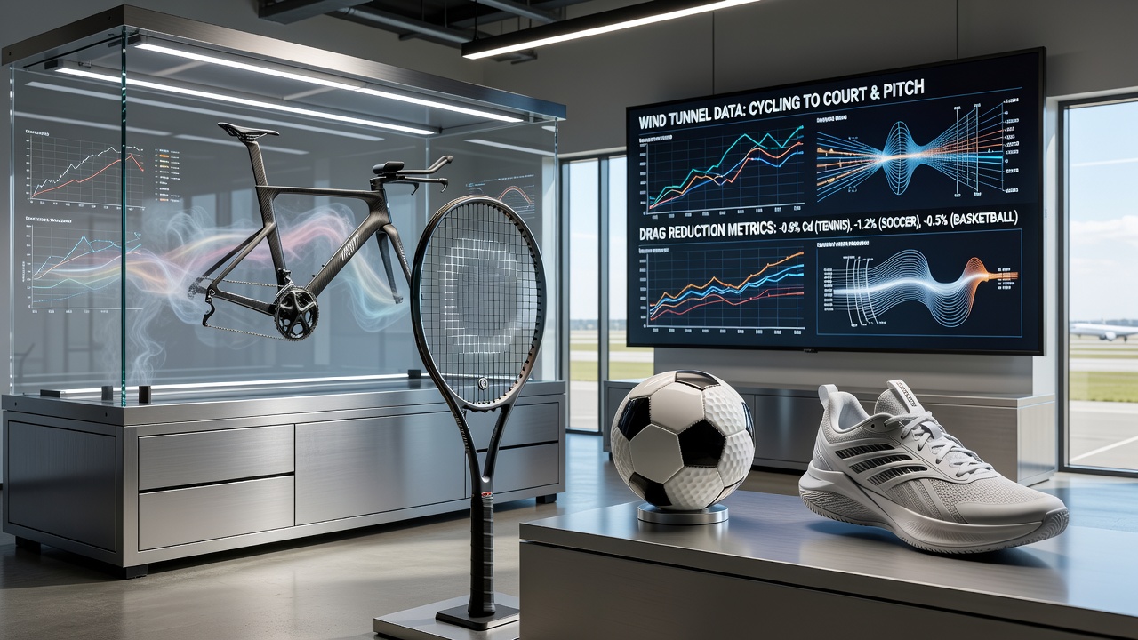 Wind tunnel testing setup showing cycling frame alongside tennis racket and soccer ball models under airflow analysis