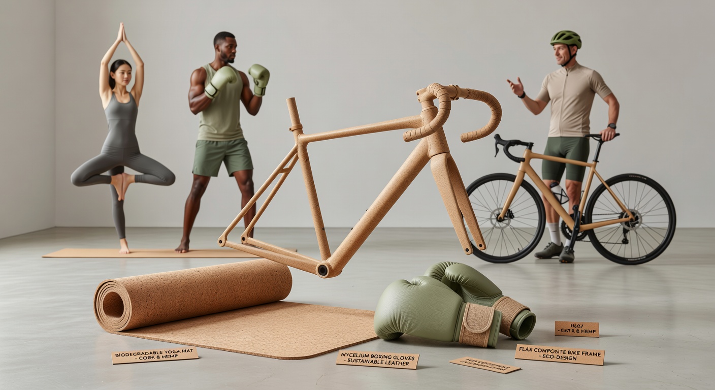 Biodegradable yoga mat material sample showing plant-based fibers and mycelium structure next to eco-friendly boxing glove padding