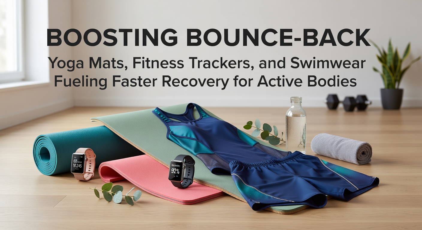 Athlete unrolling a thick yoga mat in a sunlit studio, surrounded by recovery gear like a fitness tracker on wrist and swim cap nearby