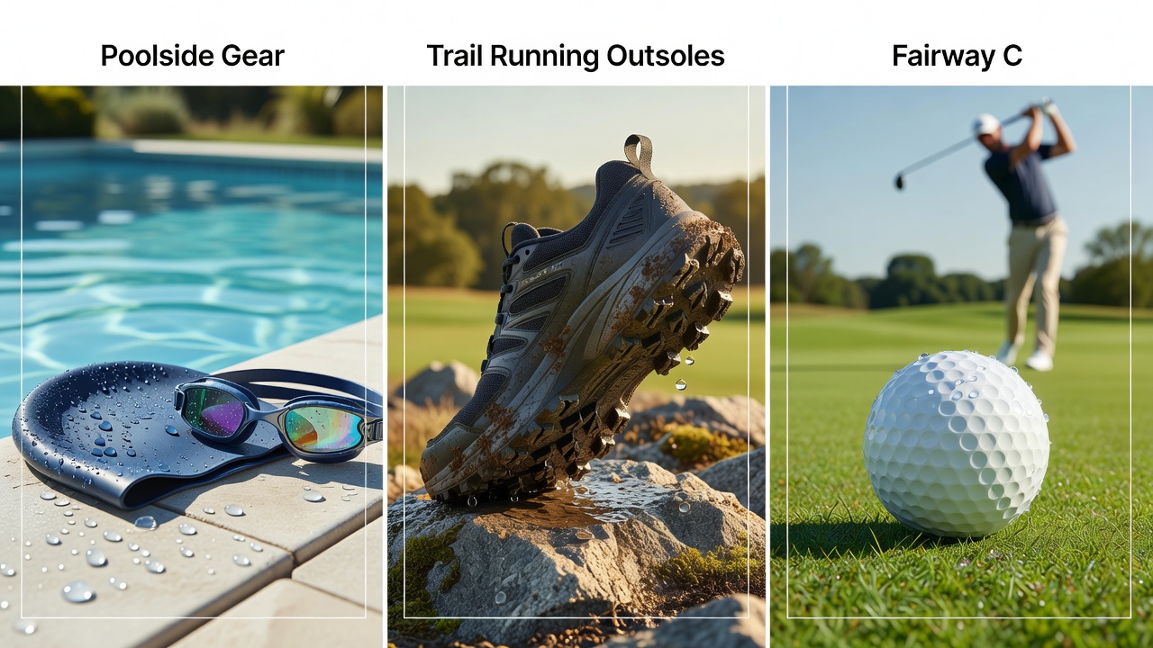 Trail running shoe outsole and golf club face treated with hydrophobic layers