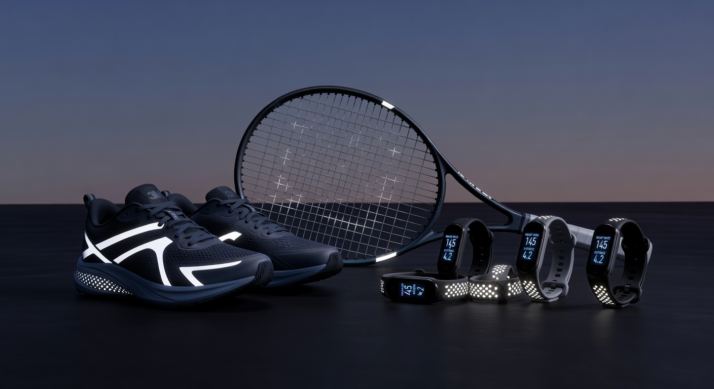 Fitness trackers with reflective bands integrated into running shoes and tennis rackets for low-light visibility