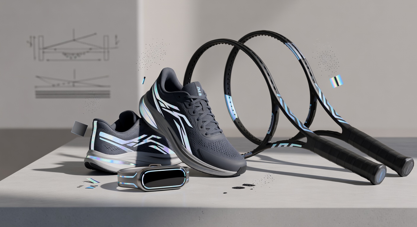Close-up of reflective elements on tennis racket frame, running shoe upper, and fitness tracker band during evening training