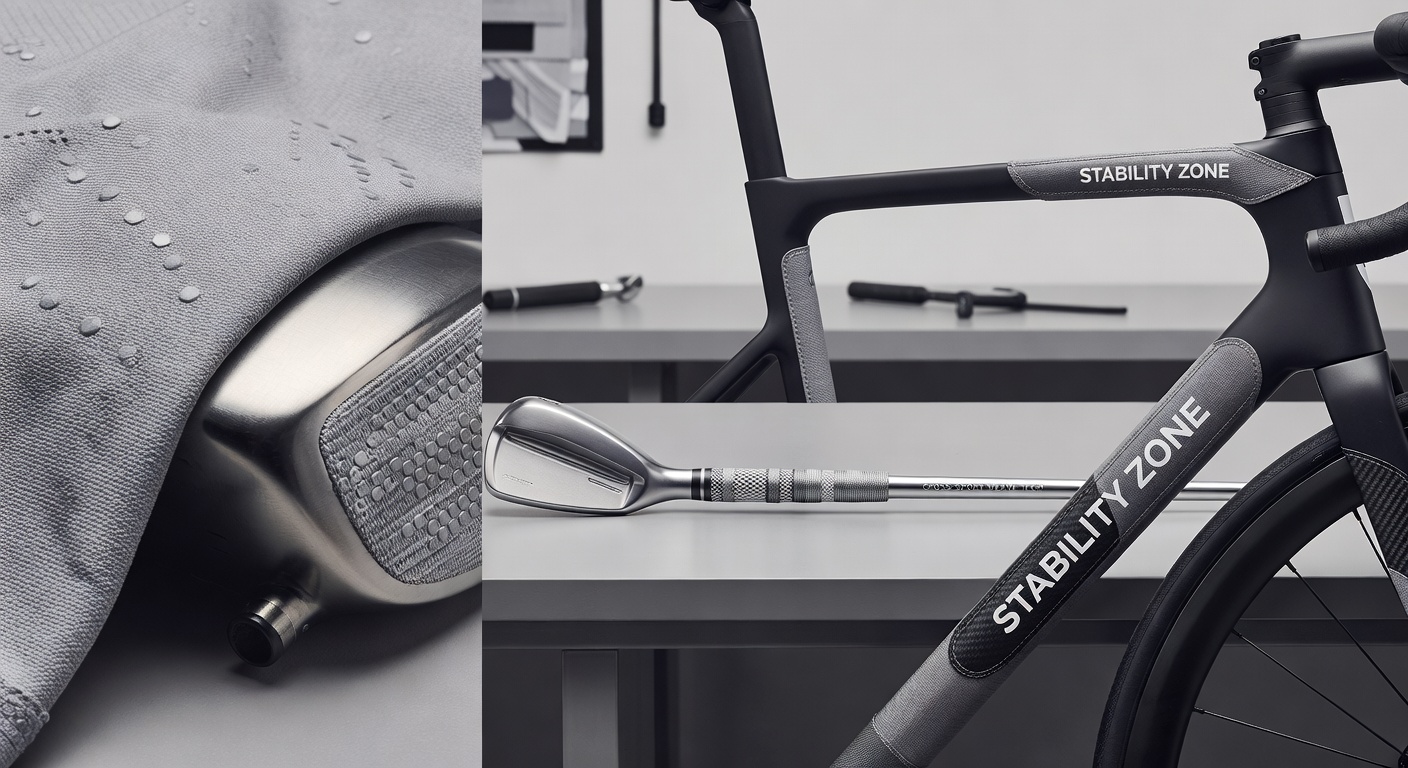 Close-up view of textured knit patterns from soccer jerseys being adapted into golf grip surfaces and cycling stability components