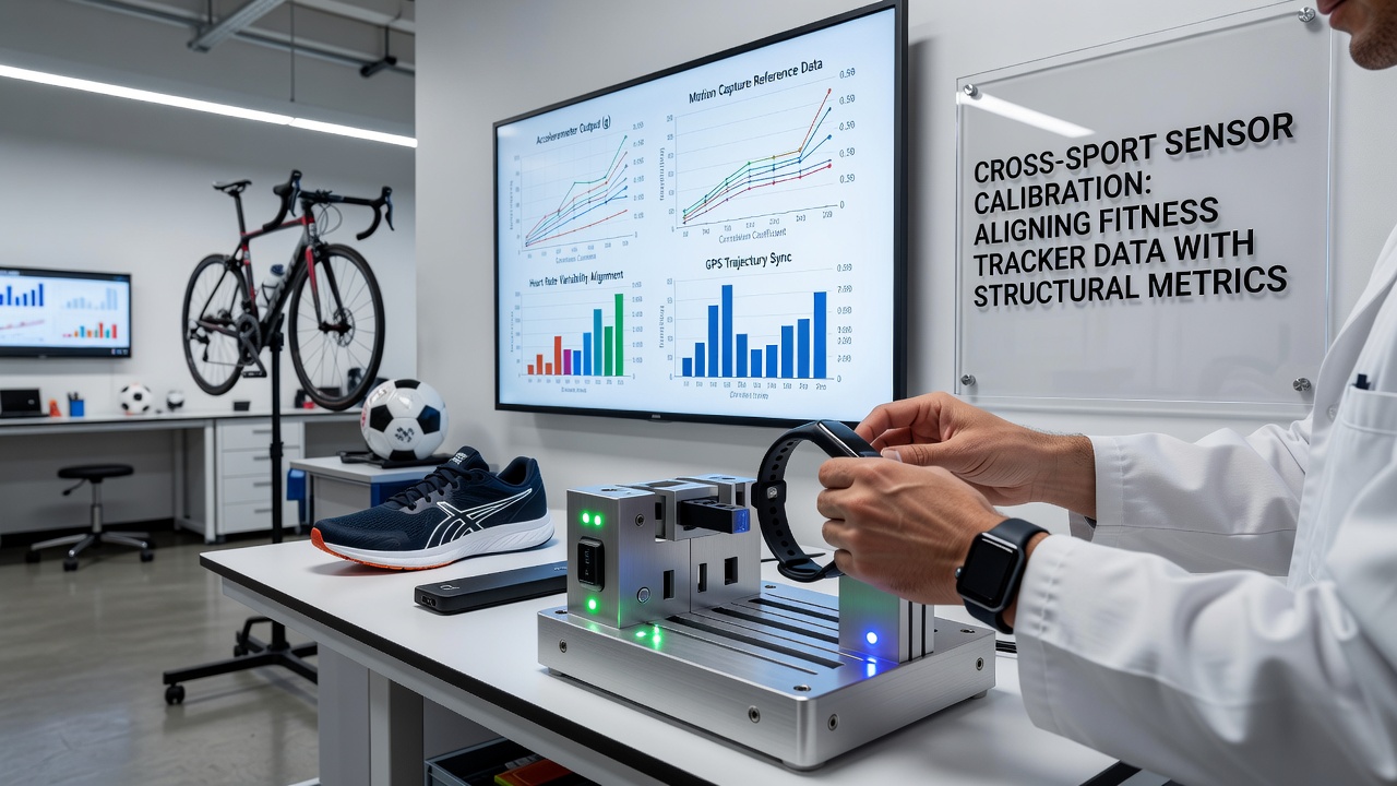 Laboratory setup showing synchronized data streams from fitness trackers, cycling frames, and tennis rackets