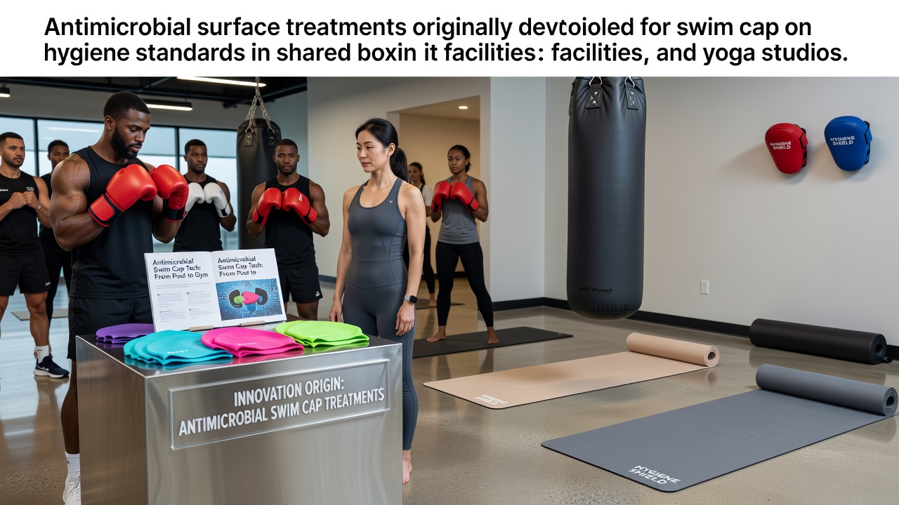 Close-up of swim cap material with antimicrobial coating alongside boxing glove and yoga mat surfaces showing similar treatments