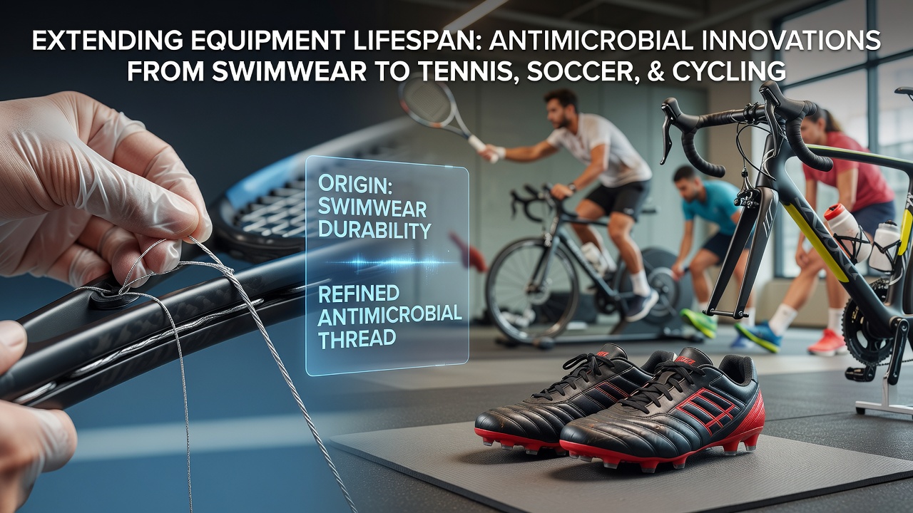 Antimicrobial thread treatments applied to sports equipment in shared facilities