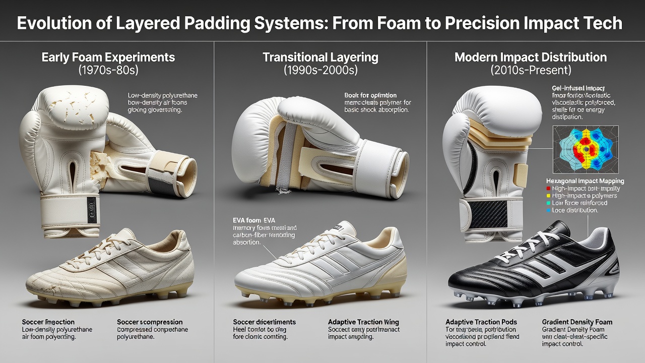 Early foam padding experiments in boxing gloves and soccer cleats showing basic layered construction from the mid-20th century