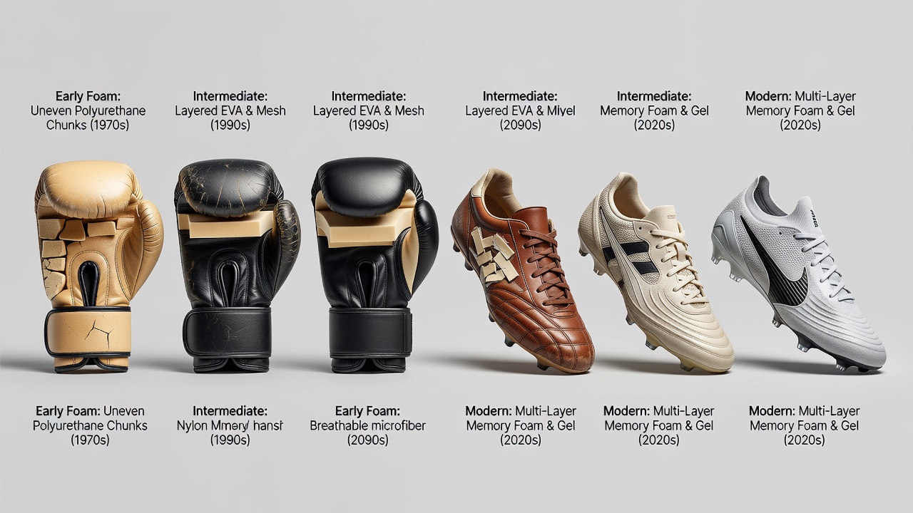 Modern layered padding systems in professional boxing gloves and soccer cleats with advanced impact distribution patterns