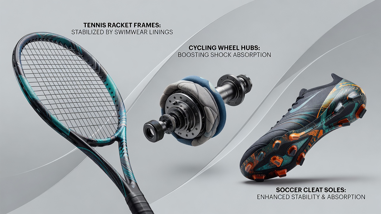 Close-up of polymer blends from swimwear linings integrated into tennis racket frames and cycling components