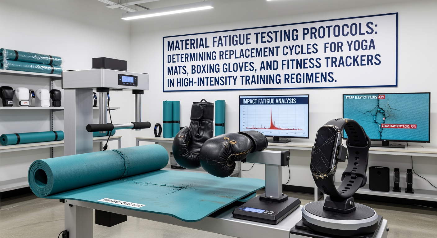 Close-up view of material fatigue testing equipment analyzing a yoga mat surface under repeated stress cycles