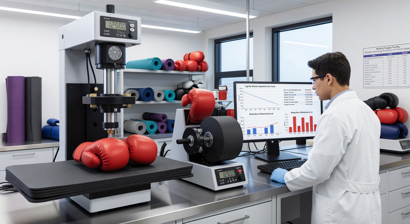 Laboratory setup showing boxing gloves and fitness trackers mounted on fatigue testing apparatus with sensor readouts