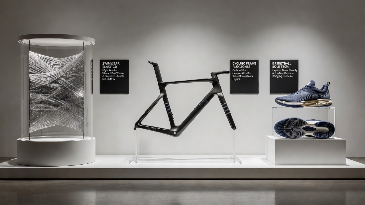 Side-by-side comparison of cycling frame flex zone and basketball sole showing integrated elastic materials in action during wet and dry tests