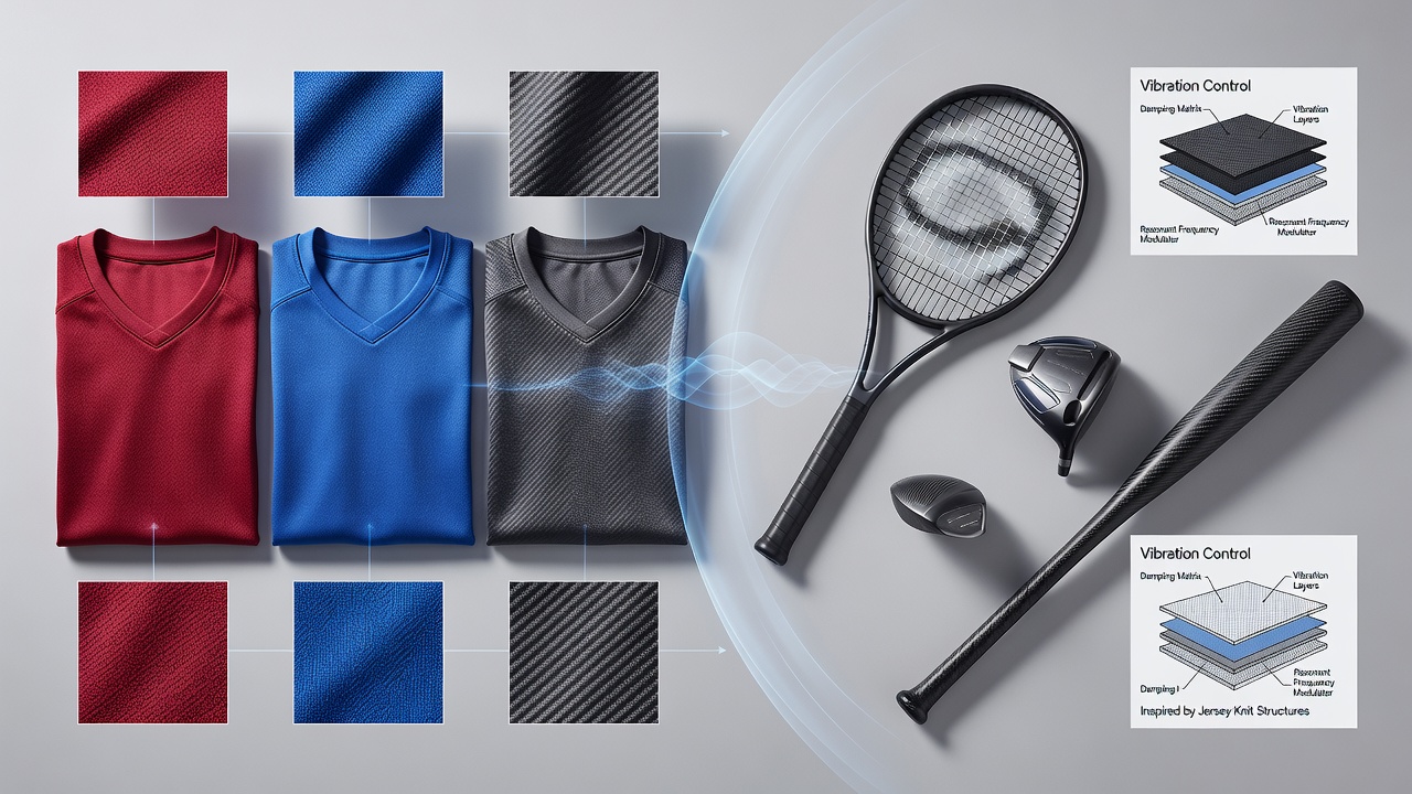 Diagram and prototype examples showing jersey weave patterns transferred into layered composites for golf club shafts and bicycle handlebars