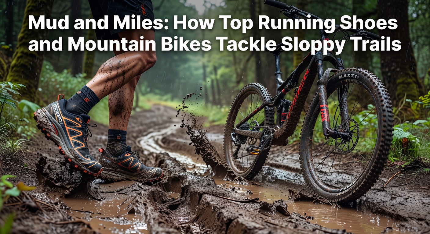 A trail runner splashes through thick mud on a forested path, wearing high-traction shoes that grip the slick surface amid flying dirt and puddles