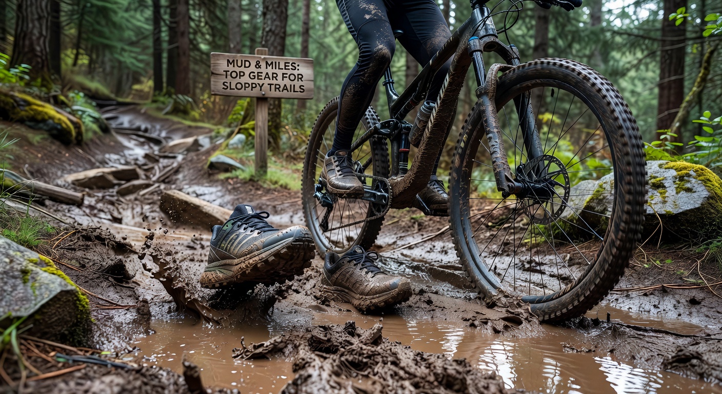 A mountain biker powers through a muddy rut on a bike with fat tires and full suspension, mud spraying from the wheels as the rider leans into the turn