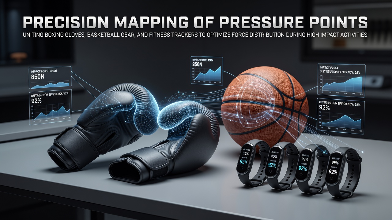 Sensors embedded in boxing gloves and fitness trackers displaying real-time pressure distribution data during training