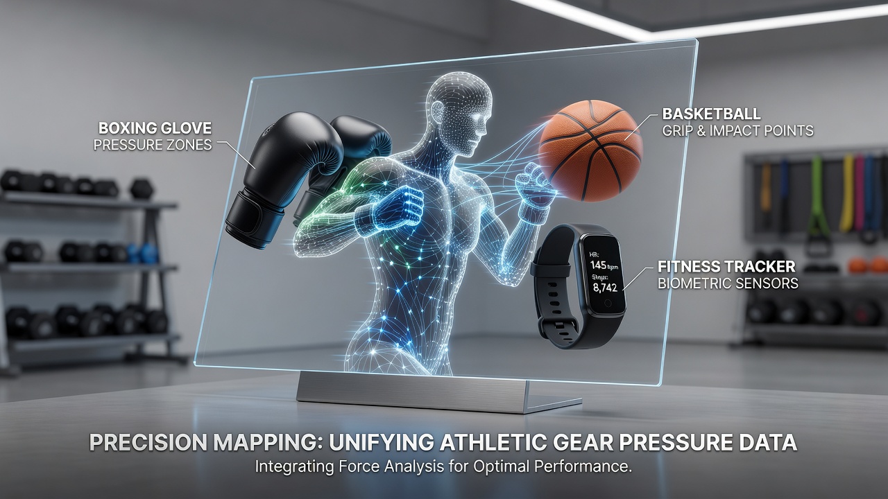 Integrated dashboard showing synchronized pressure data from boxing gloves, basketball shoes, and wearable fitness trackers during high-impact drills