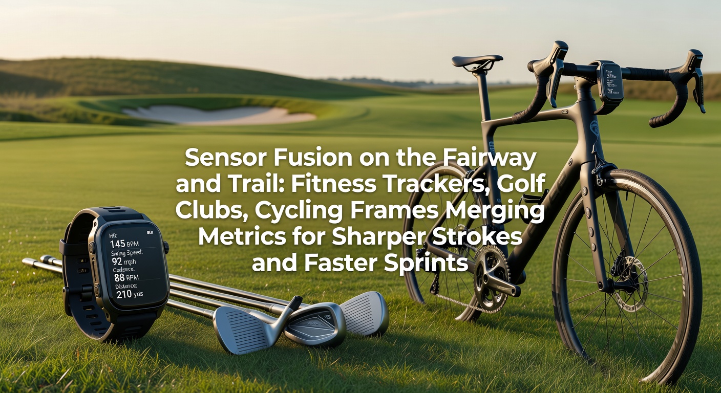 A golfer mid-swing with a fitness tracker on wrist displaying fused sensor data overlay, capturing club path and heart rate metrics in real-time
