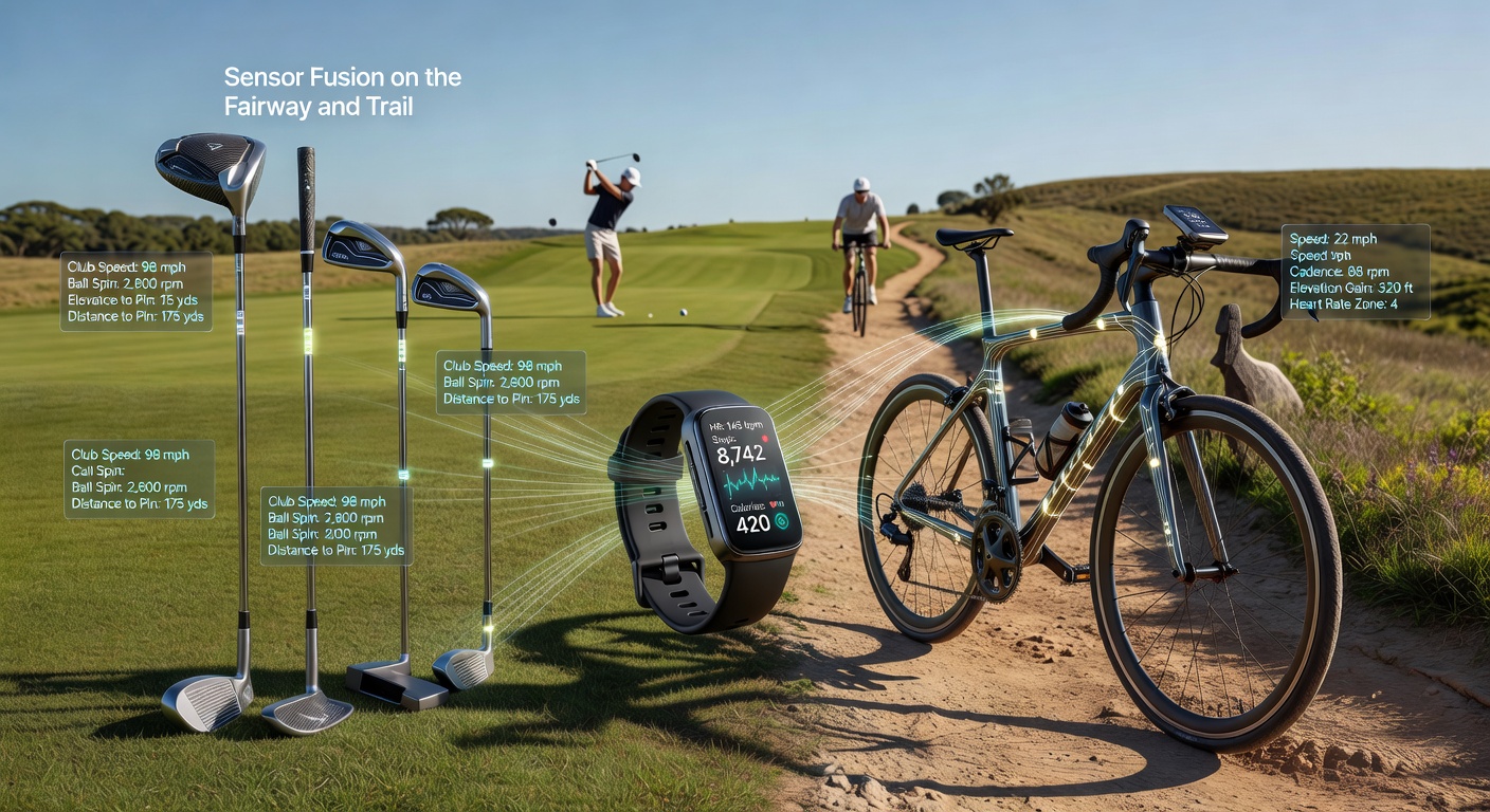 Cycling frame with integrated sensors displaying fused power, cadence, and speed data on a handlebar computer during a trail sprint