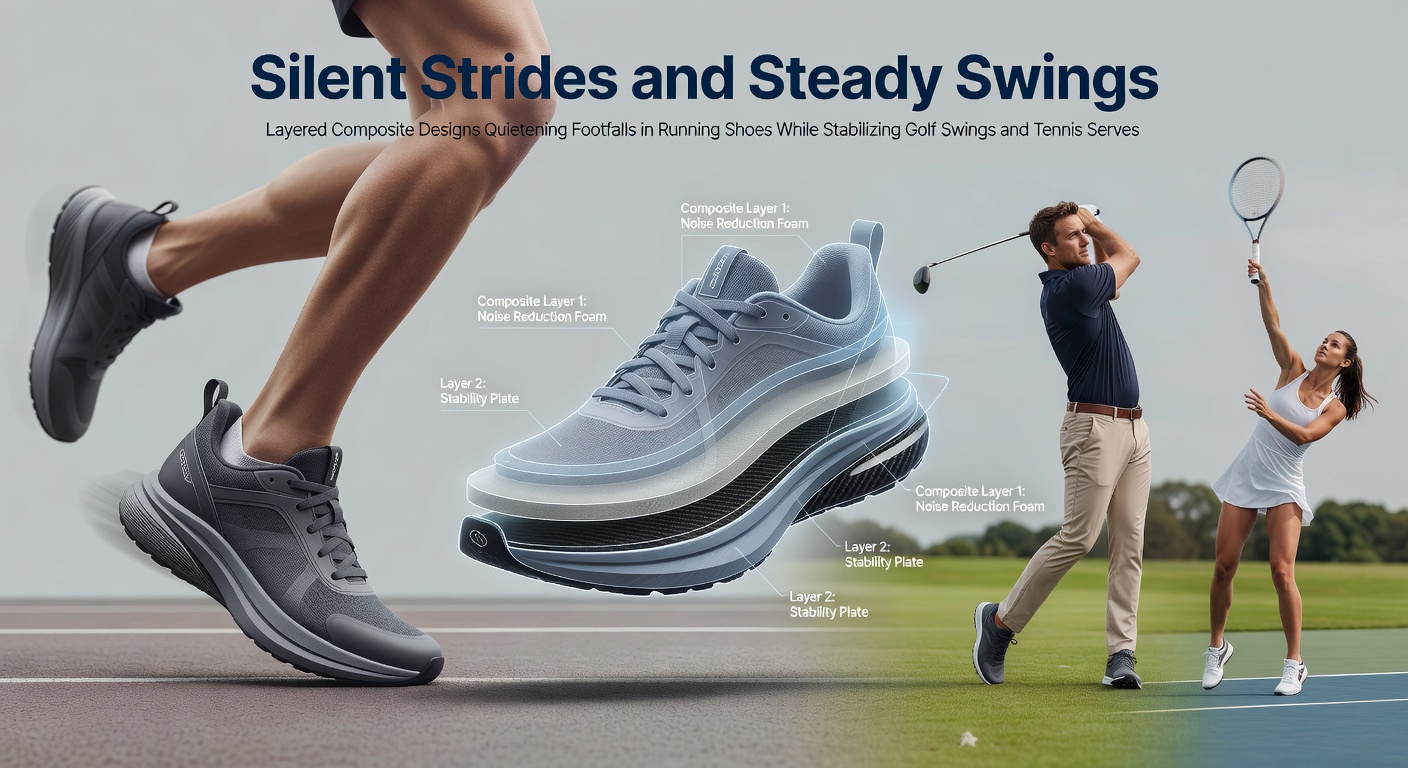 Layered composite running shoe sole showing vibration-damping materials and structural stability features