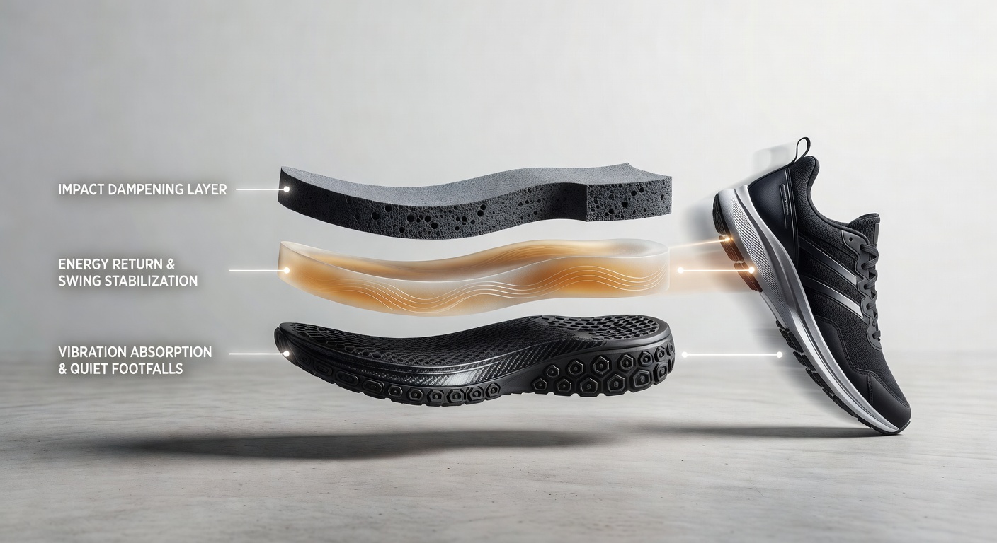 Athlete demonstrating golf swing stability with composite footwear technology