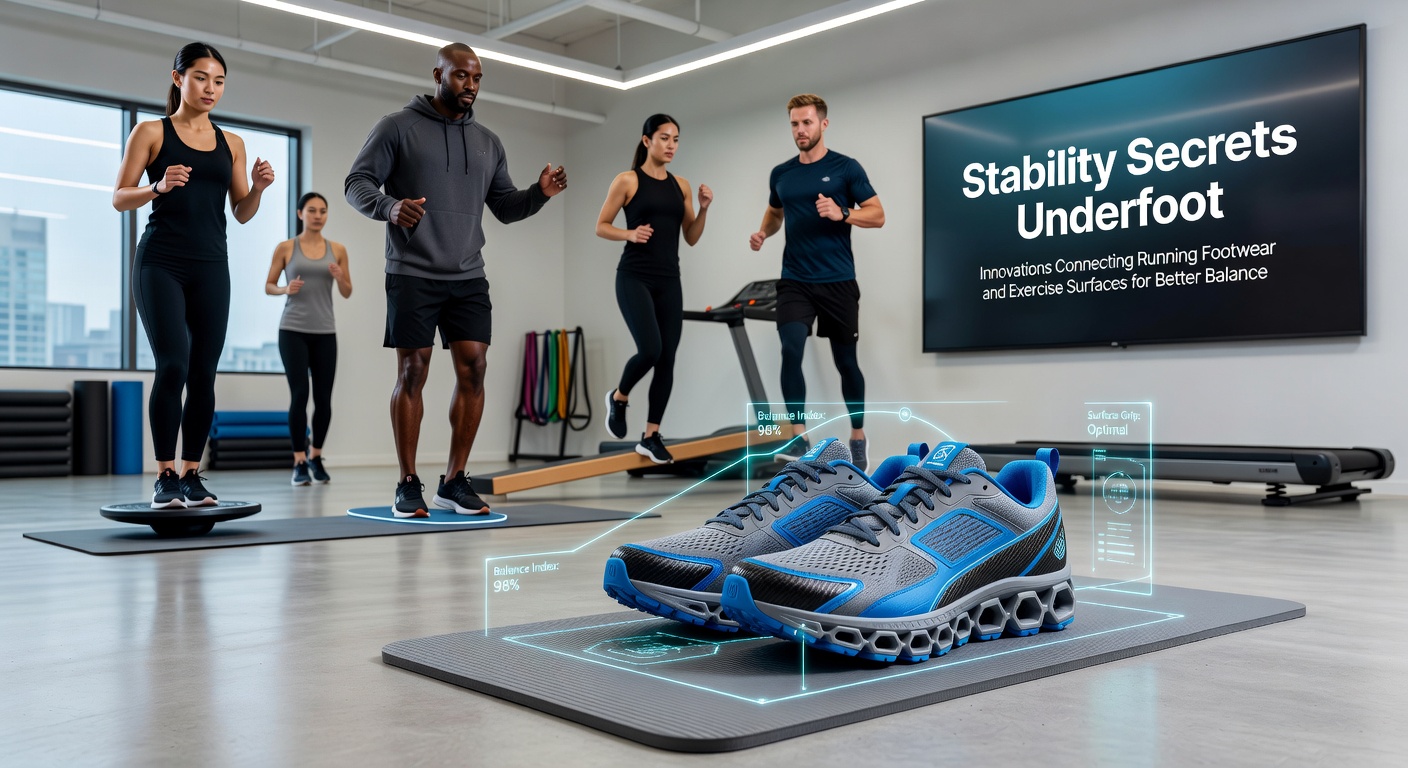 Close-up view of advanced running shoe sole interacting with textured exercise surface for enhanced balance