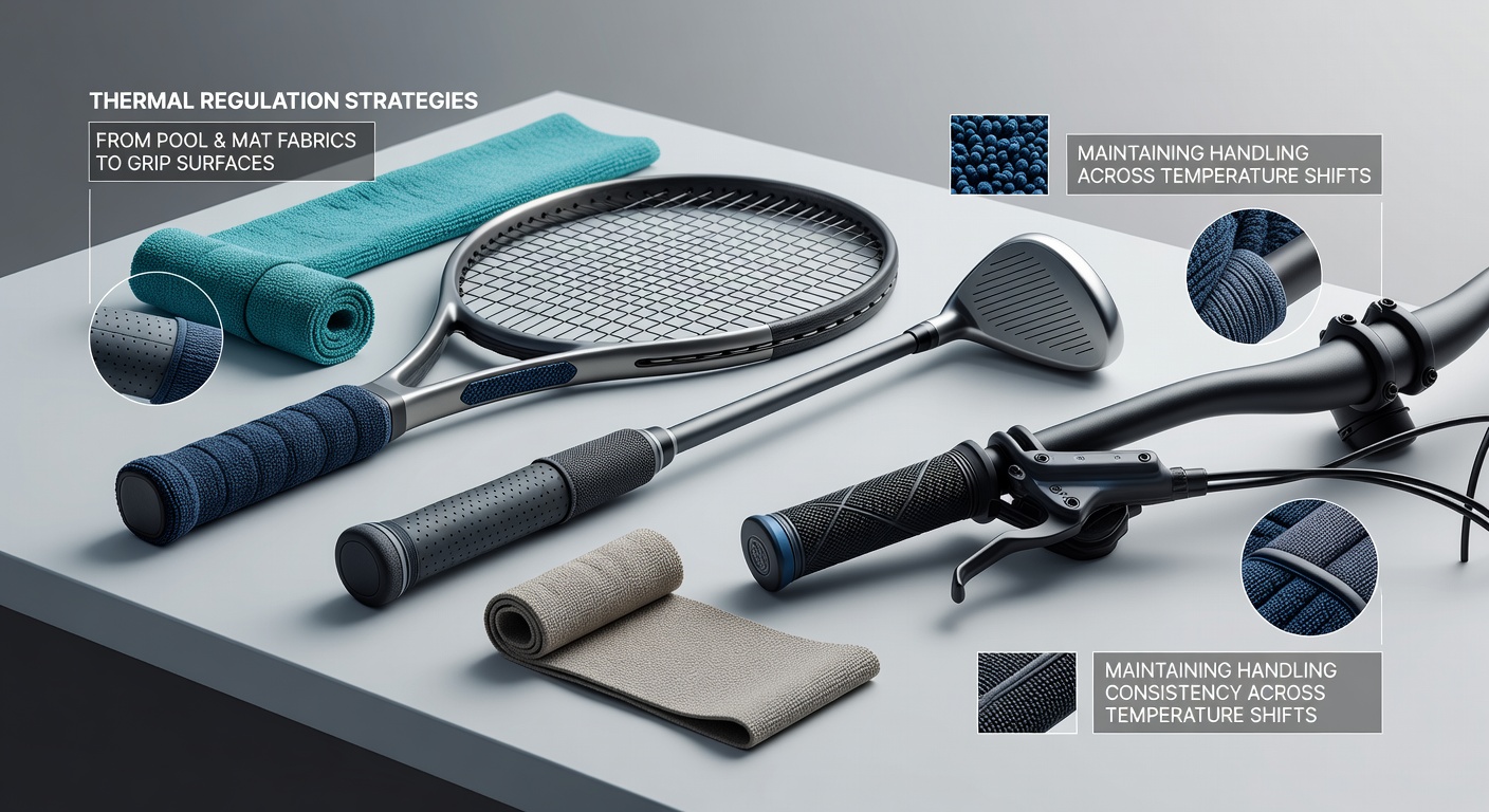 Close-up view of thermal-regulating grip fabric applied to a tennis racket handle showing textured surface patterns
