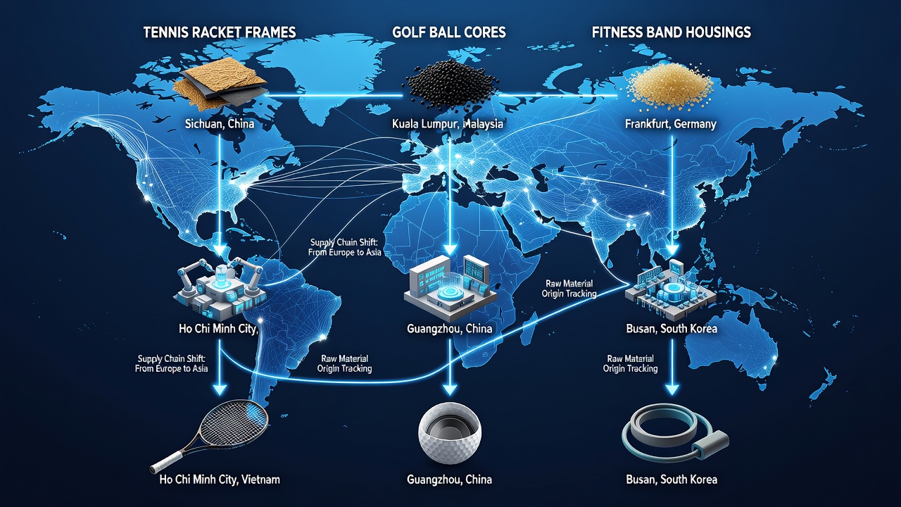 Global supply chain map showing material flows from raw origins to production sites for tennis rackets, golf balls, and fitness bands