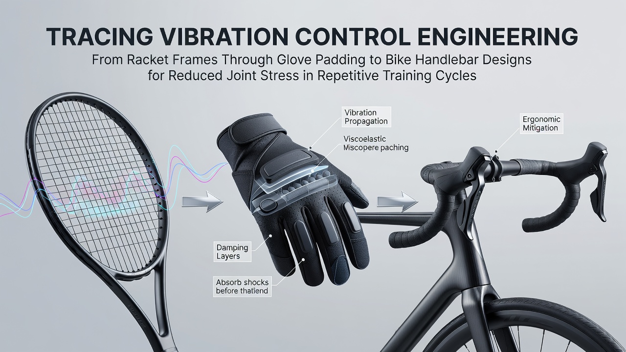 Engineering diagram showing vibration damping layers in tennis racket frames alongside cross-sections of padded boxing gloves and ergonomic bike handlebar grips