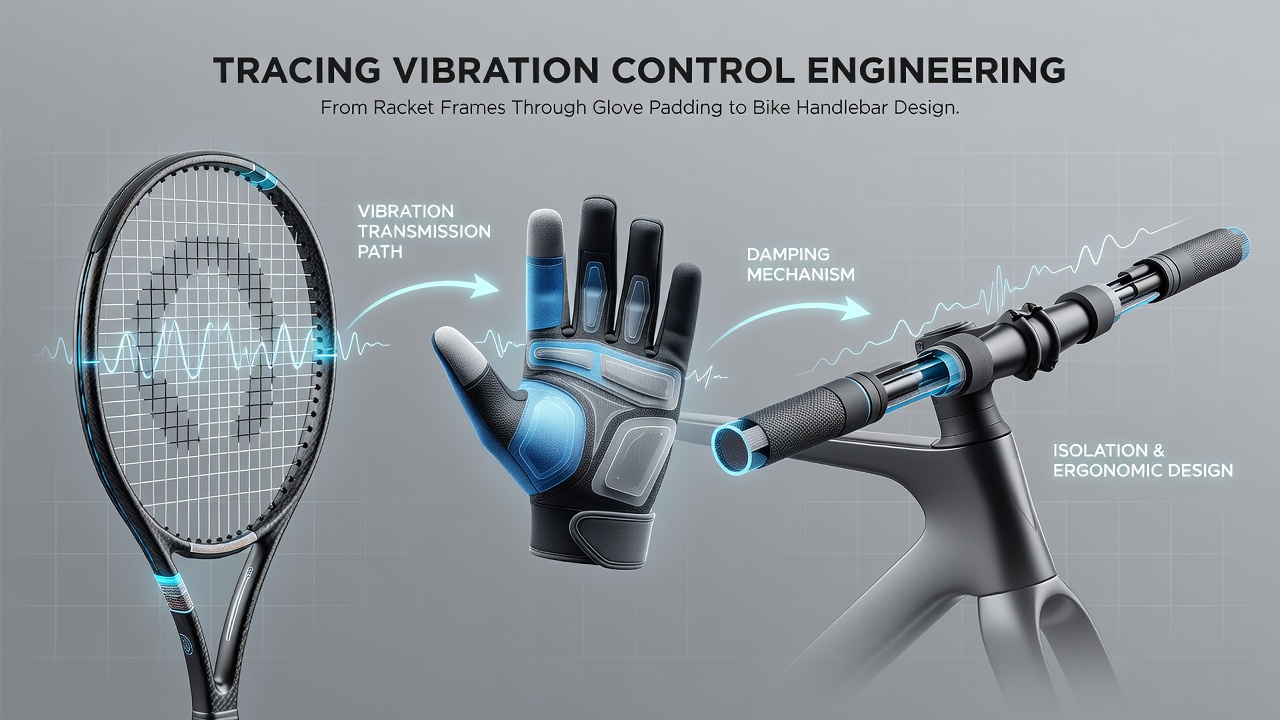 Close-up of vibration-absorbing materials used in modern sports equipment including racket frames, glove interiors, and handlebar wraps