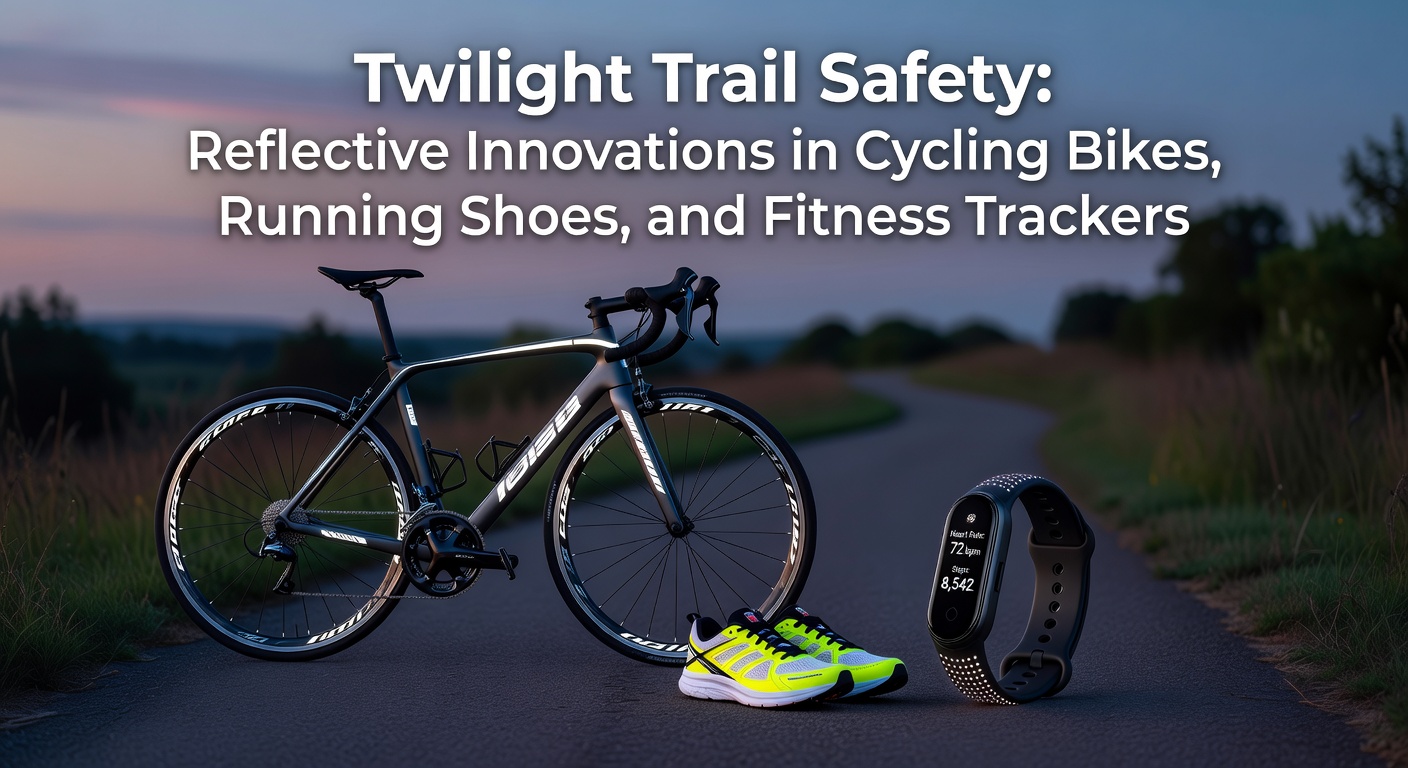 Cyclist navigating a dimly lit trail at dusk, bike frame glowing with reflective strips under vehicle headlights