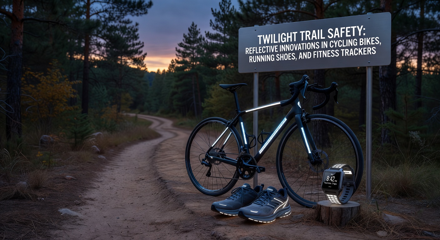 Runner on a forested trail at twilight, shoes featuring glowing reflective patterns visible under distant headlights