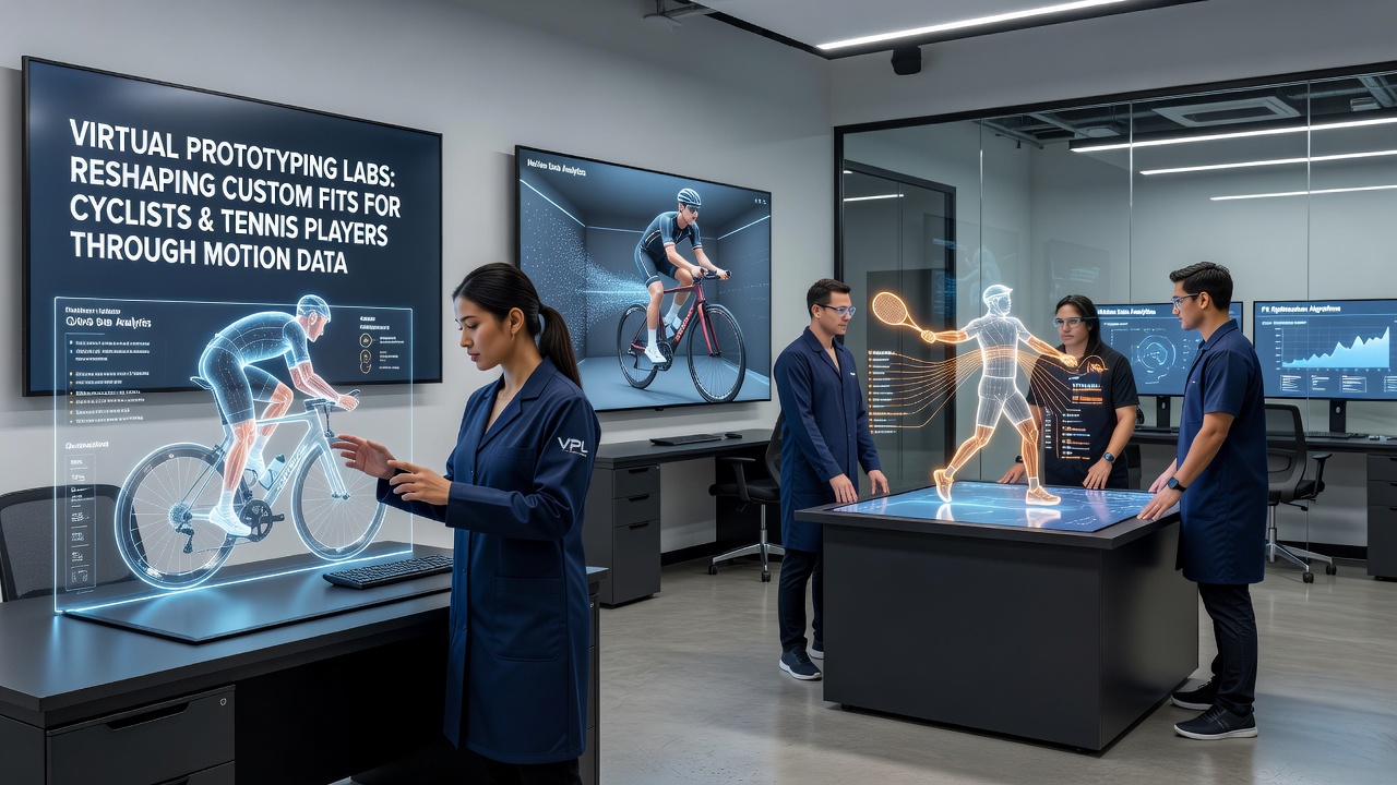 Side-by-side comparison of virtual bike fit model and custom tennis racket grip generated from integrated motion datasets