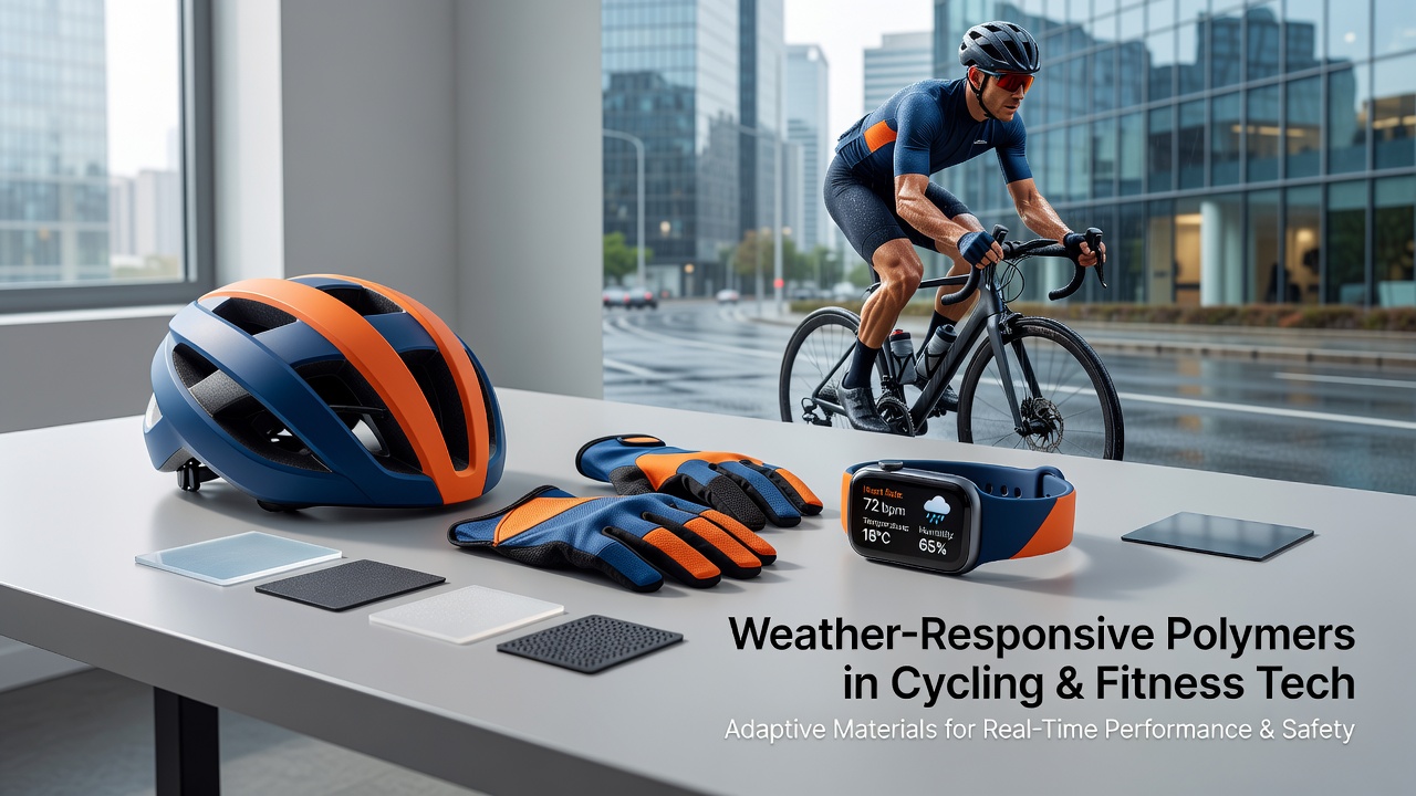 Fitness monitoring device with weather-responsive polymer housing next to cycling computer showing adaptive sensor performance in varying conditions